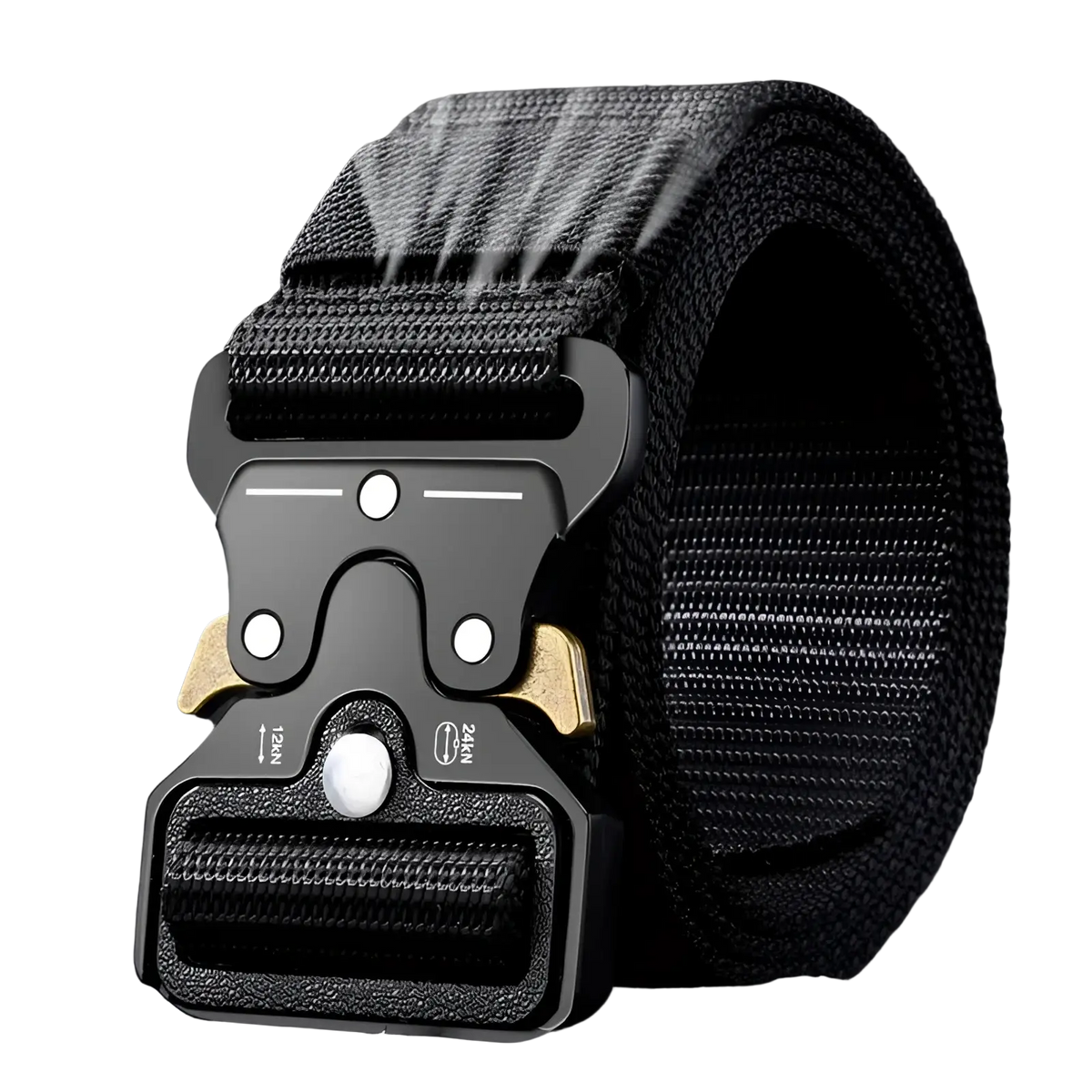 Black tactical nylon belt for men with breathable webbing and a matte black and gold adjustable metal buckle