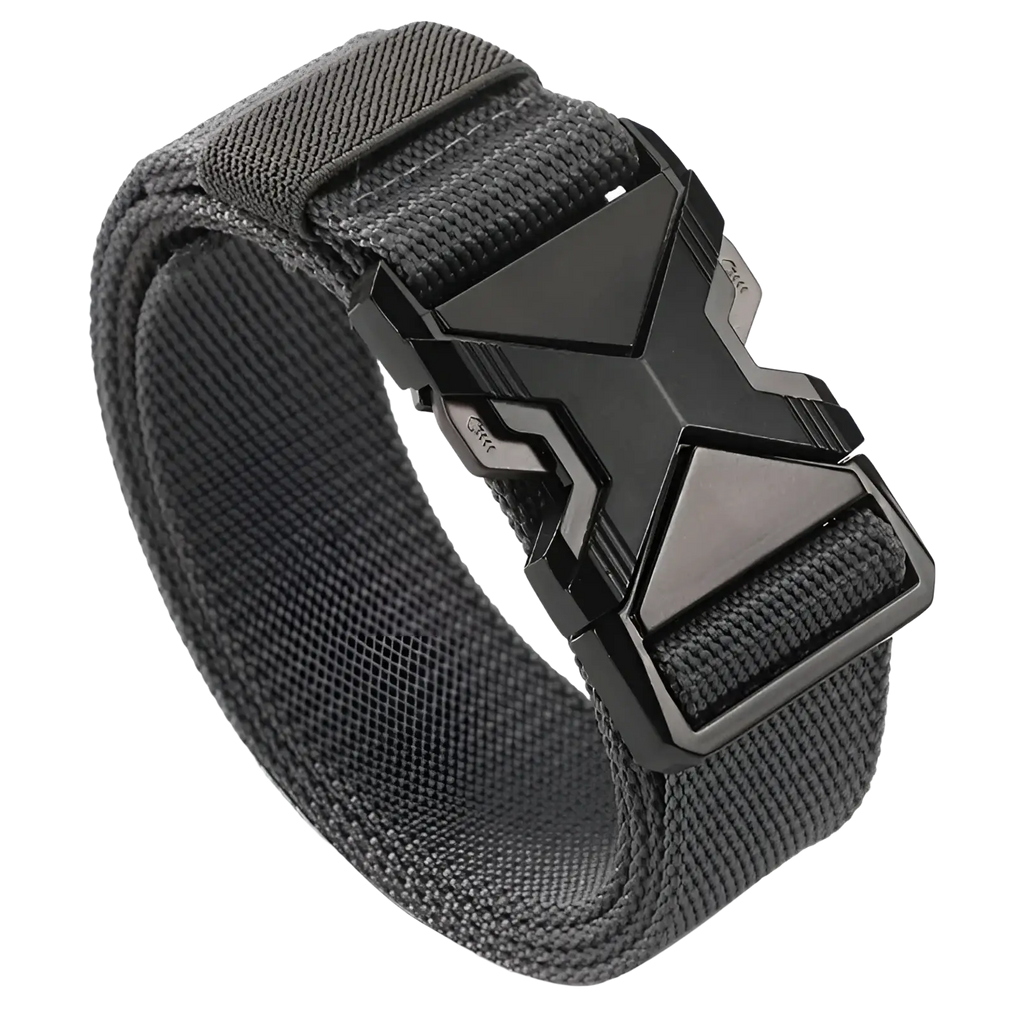 Black tactical nylon belt for men with breathable webbing and matte finish geometrically shaped metal buckle