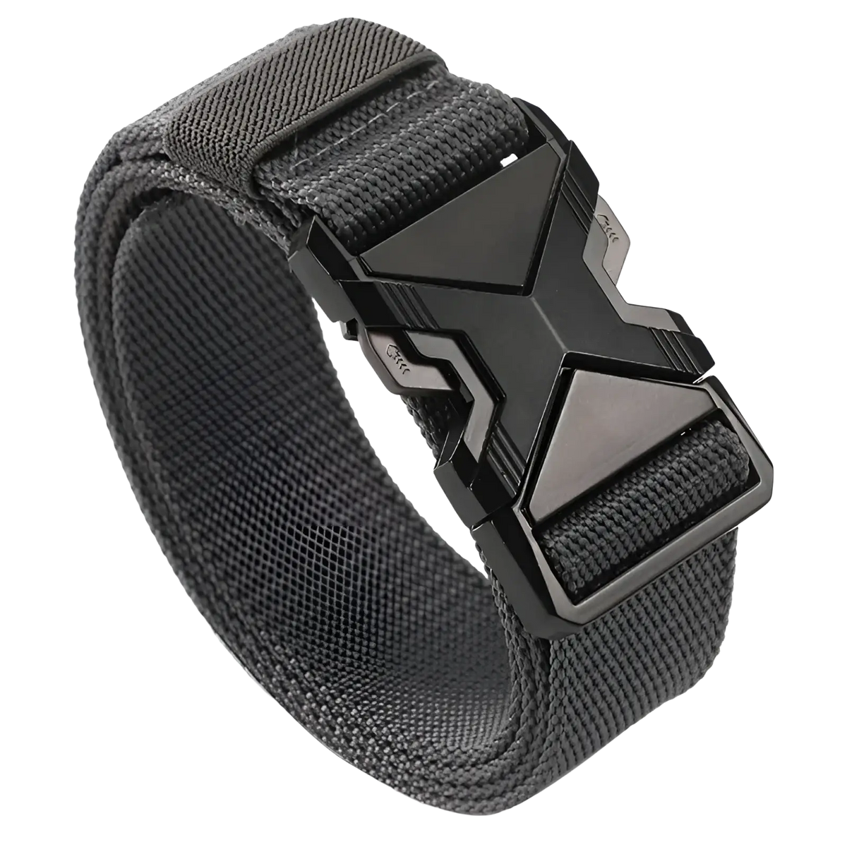 Black tactical nylon belt for men with breathable webbing and matte finish geometrically shaped metal buckle
