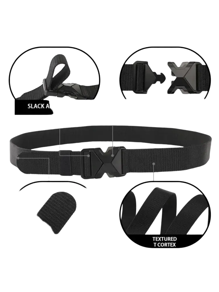 Black tactical nylon belt for men with textured t-cortex fabric and magnetic quick-release buckle for breathability and durability