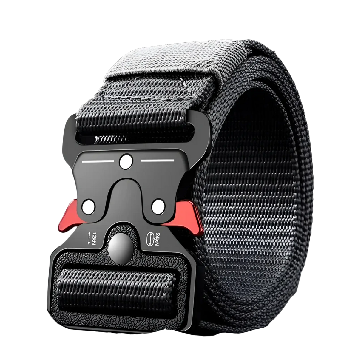 Tactical nylon belt for men with a durable black woven fabric strap and a robust black buckle with red accents