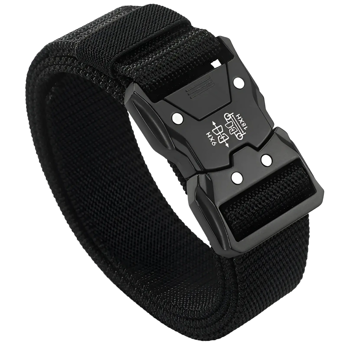 Tactical nylon belt for men in black breathable webbing with a sturdy black plastic buckle and silver rivets