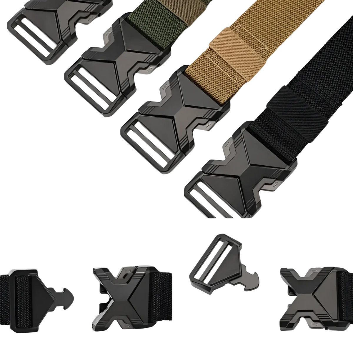 Tactical nylon belt for men breathable webbing in black with a matte finish angular x-shaped metal buckle