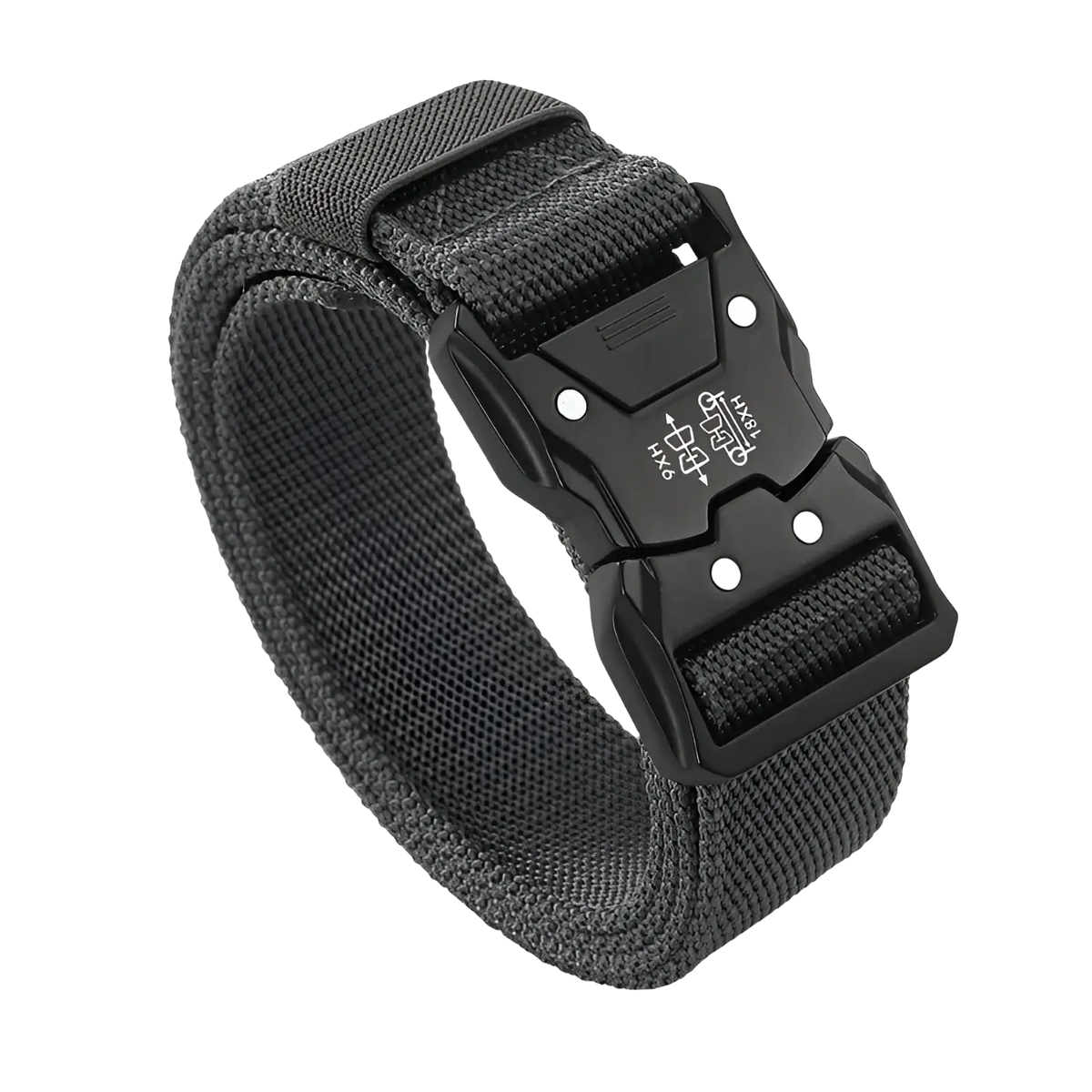 Tactical nylon belt for men black breathable webbing with sturdy plastic buckle silver rivets and embossed sizing markings