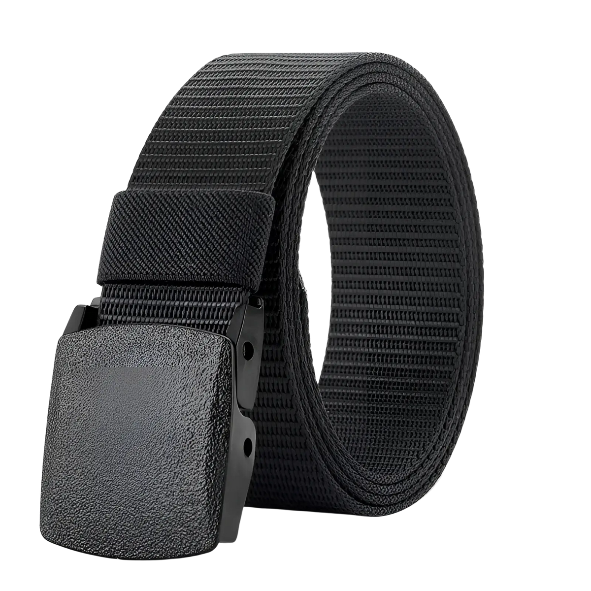 Tactical nylon belt for men in black breathable webbing with a textured matte black buckle