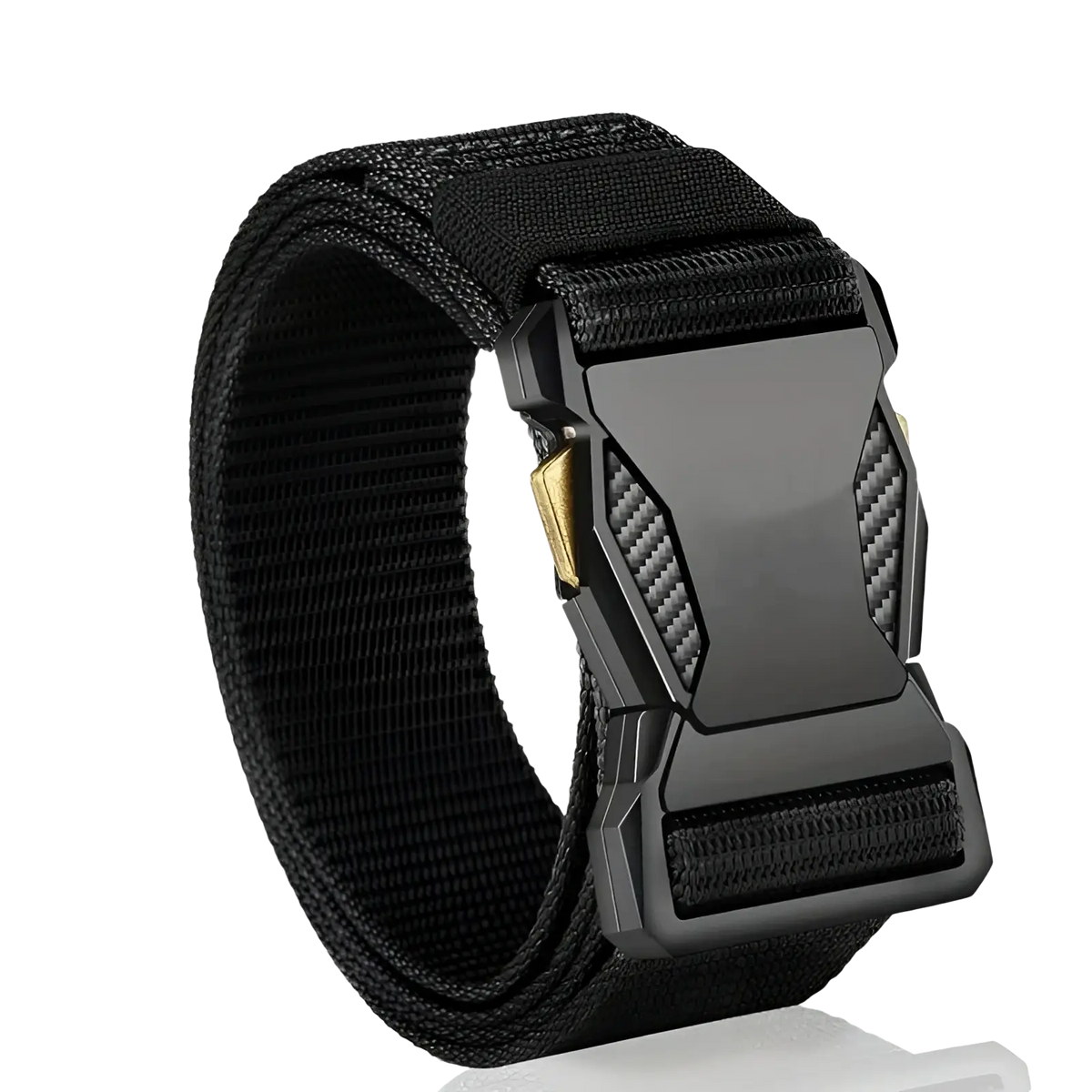 Black tactical nylon belt for men with breathable webbing and matte black buckle featuring carbon fiber and gold hardware