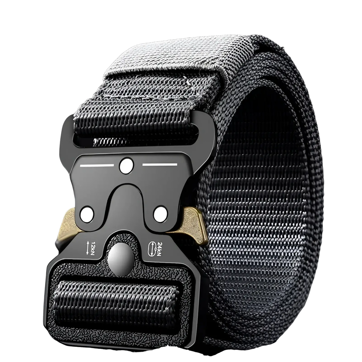 Tactical nylon belt for men in black breathable webbing with matte black and gold-tone adjustable metal buckle