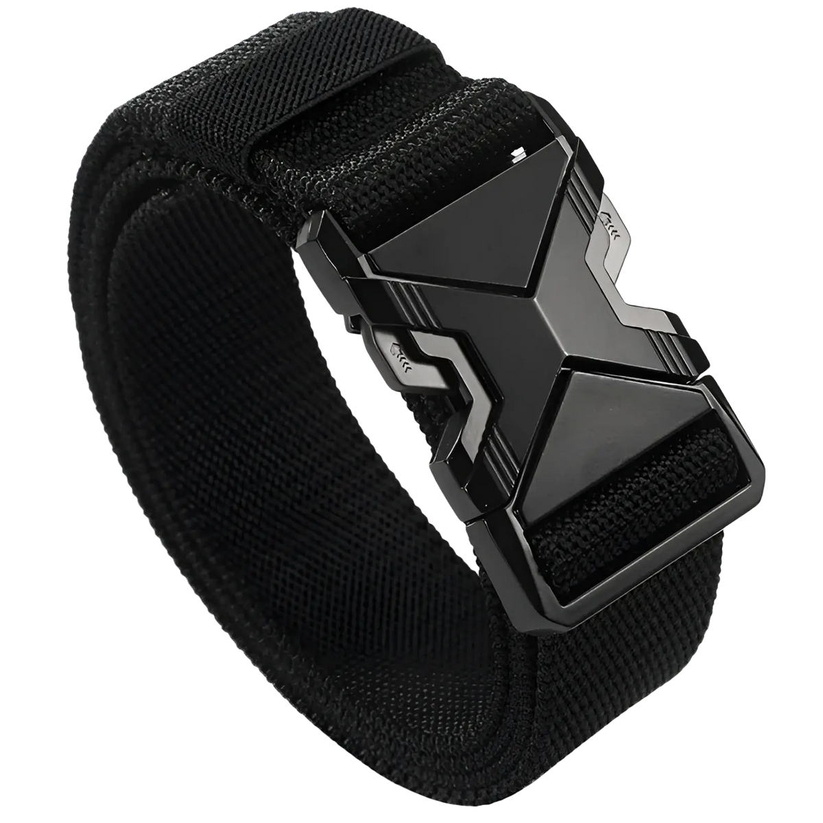 Black tactical nylon belt for men with breathable webbing and a matte-finish buckle featuring silver accent lines