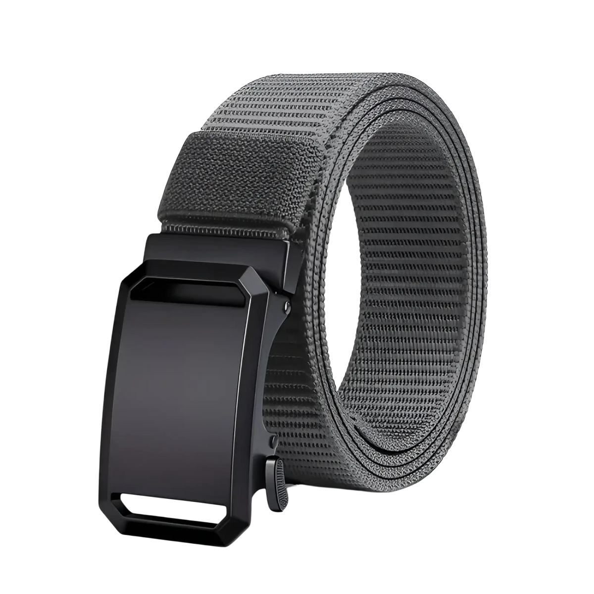 Black tactical nylon belt for men with a breathable gray woven fabric strap and matte-finish metal buckle