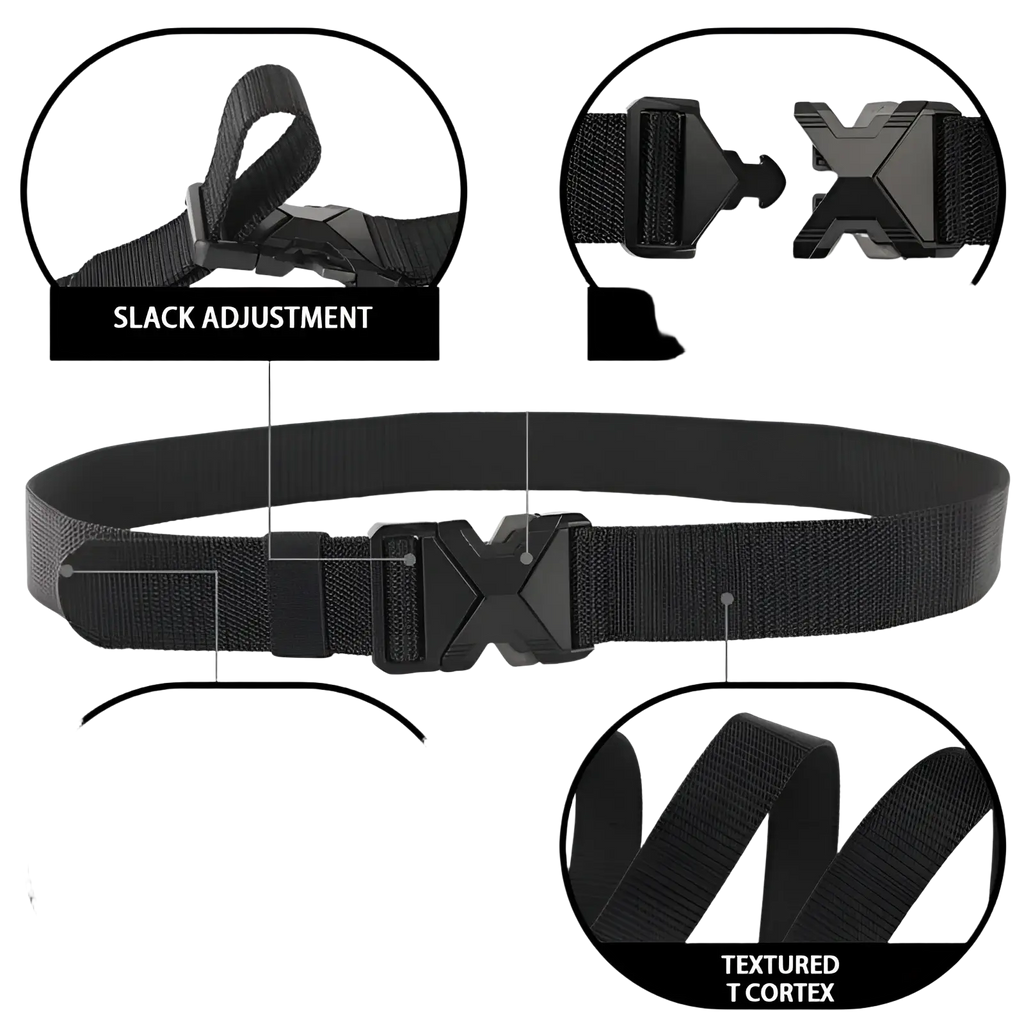 Black tactical nylon belt for men with breathable textured t-cortex fabric and magnetic quick-release x-shaped buckle