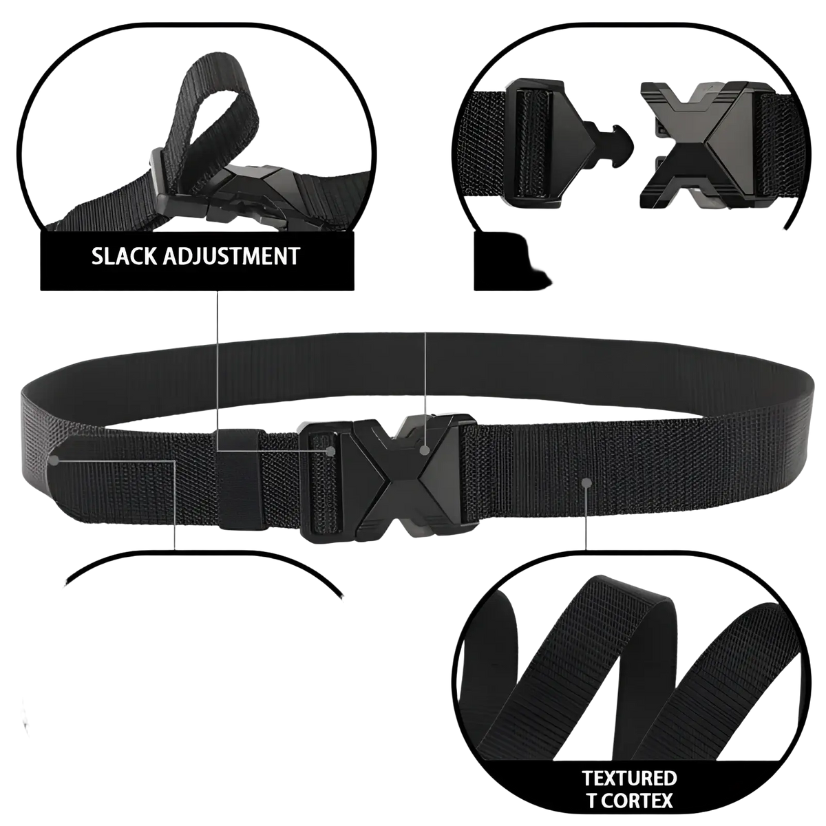 Black tactical nylon belt for men with breathable textured t-cortex fabric and magnetic quick-release x-shaped buckle