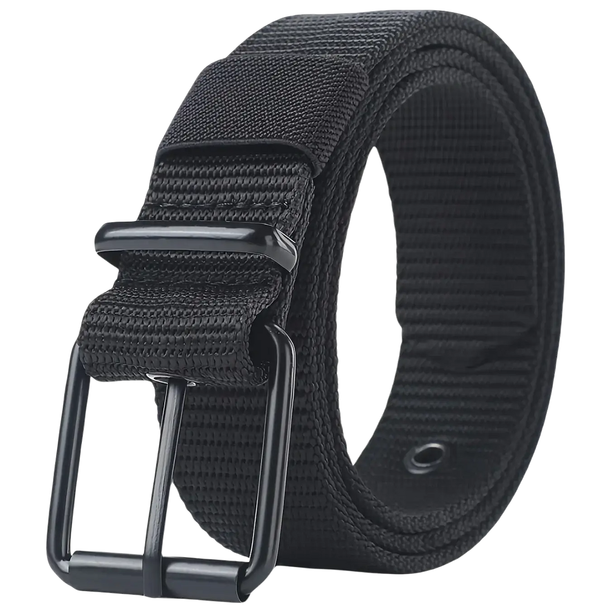 Tactical nylon belt for men in black breathable webbing with a matte black metal buckle in front view