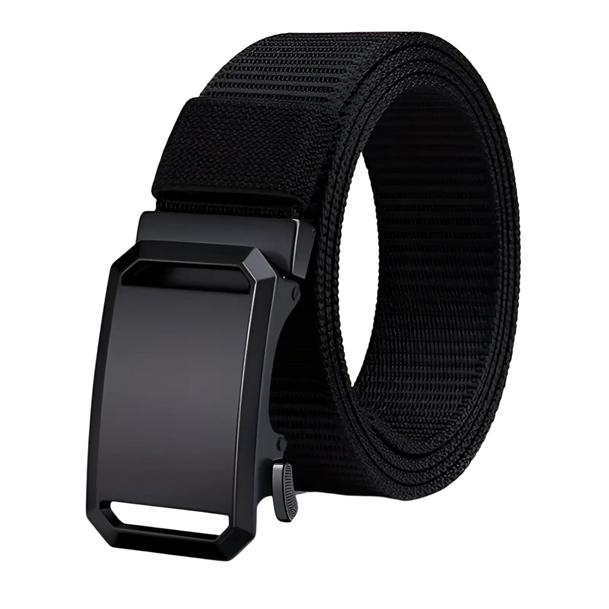 Black tactical nylon belt for men with breathable webbing and a matte black rectangular buckle