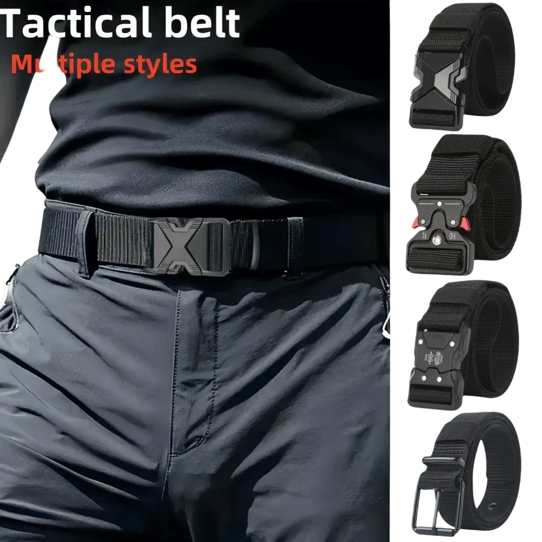 Black tactical nylon belt for men with rugged x-shaped buckle and breathable reinforced webbing strap
