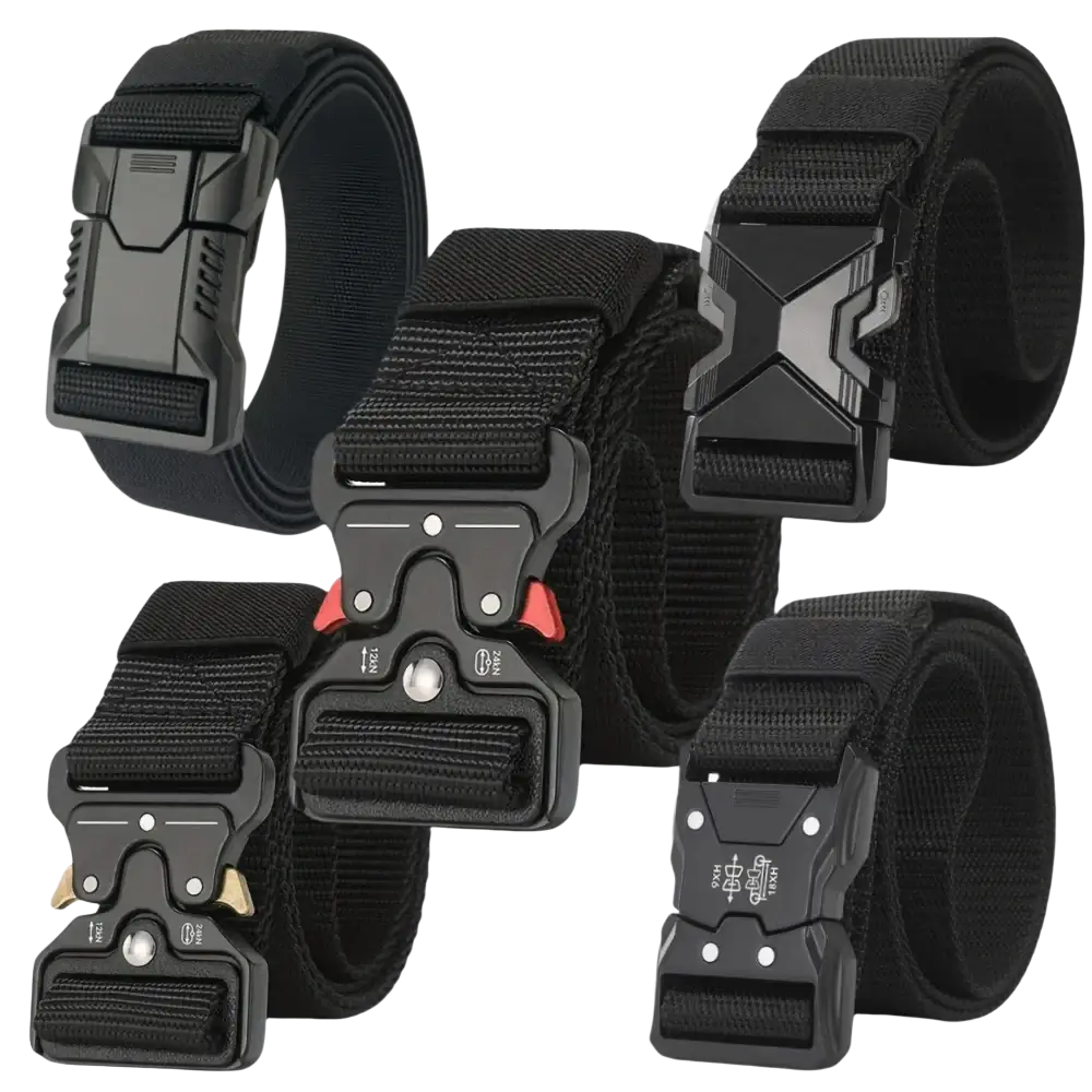 Black tactical nylon belts for men with breathable webbing and rugged matte-finish plastic buckles in various designs
