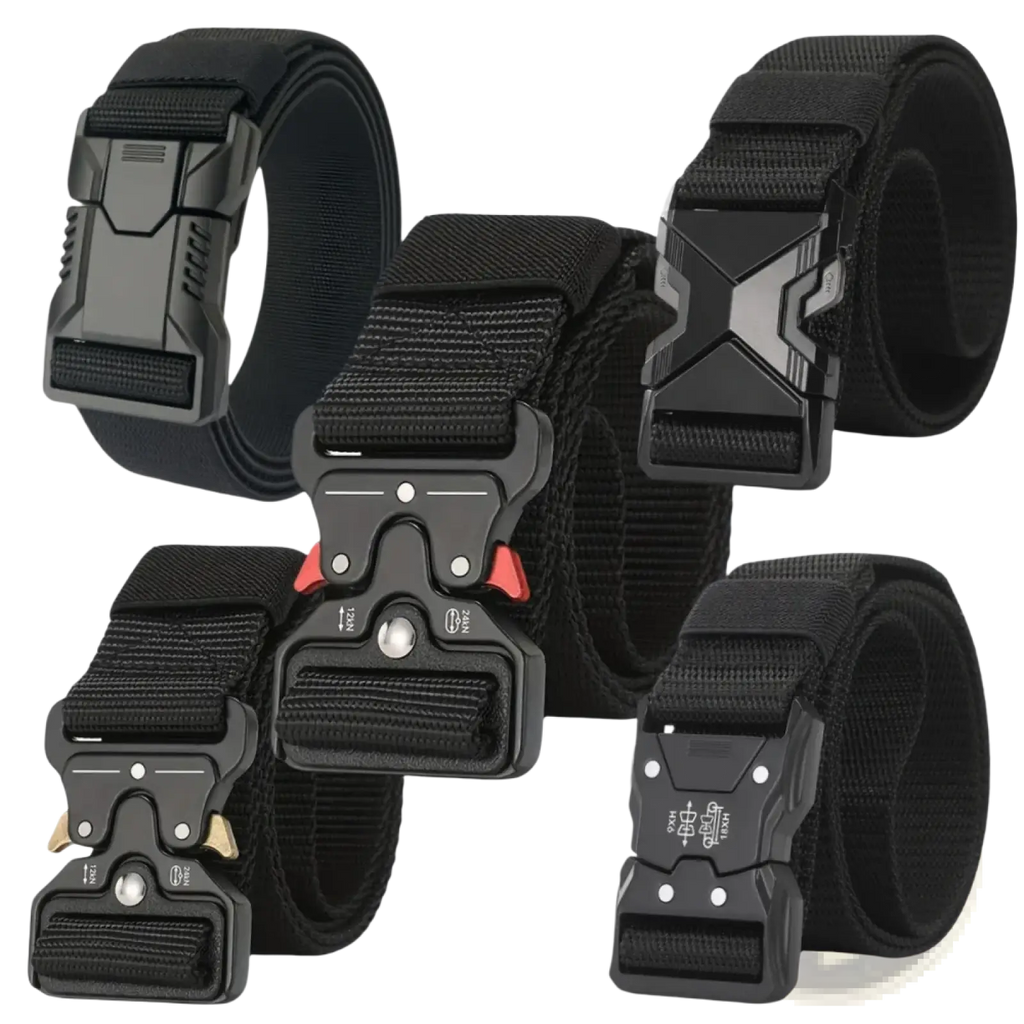 Black tactical nylon belts for men with breathable webbing and rugged matte-finish plastic buckles in various designs