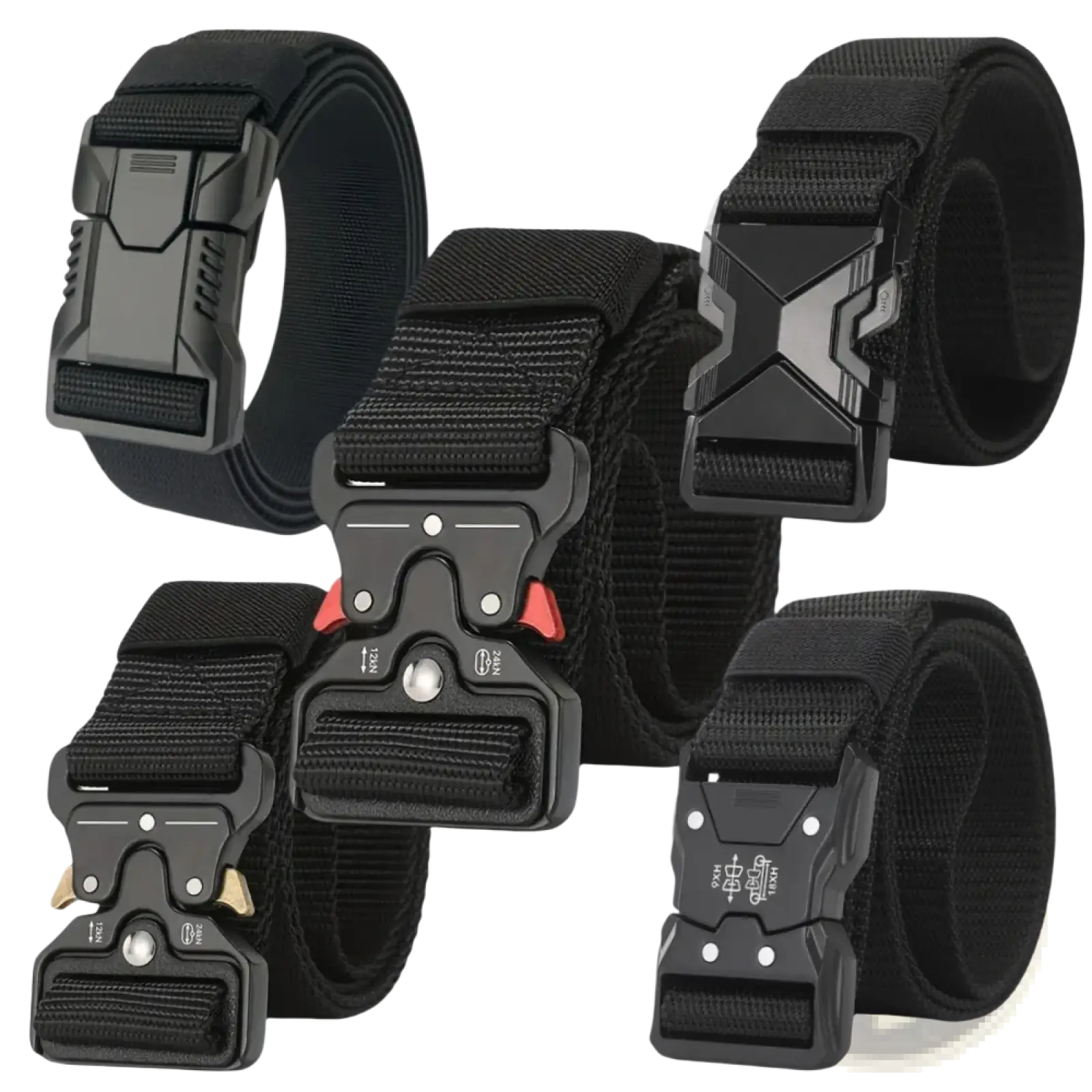 Black tactical nylon belts for men with breathable webbing and rugged matte-finish plastic buckles in various designs