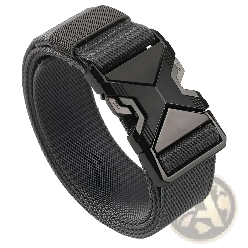Black tactical nylon belt for men with breathable webbing and matte finish geometrically shaped metal buckle