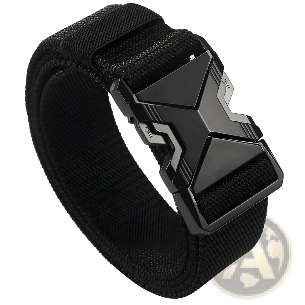Black tactical nylon belt for men with breathable webbing and a matte finish buckle featuring angular cutouts and silver accents