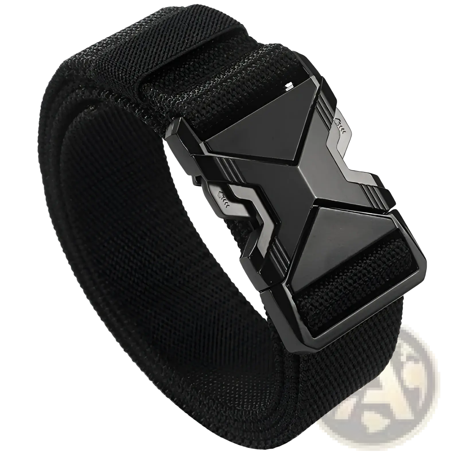 Black tactical nylon belt for men with breathable webbing and a matte finish buckle featuring angular cutouts and silver accents