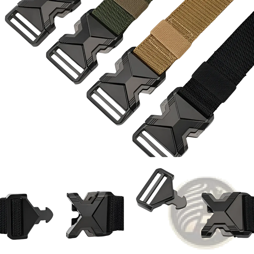 Tactical nylon belt for men breathable webbing in black with a matte finish angular x-shaped metal buckle