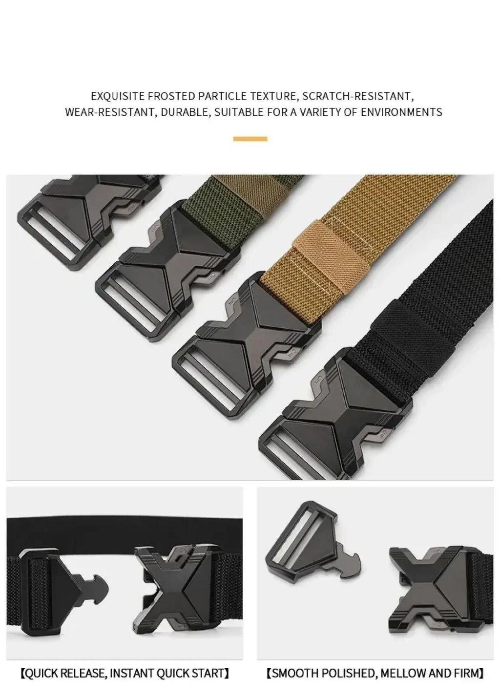 Tactical nylon belt for men with black breathable webbing fabric and matte finished geometric buckle