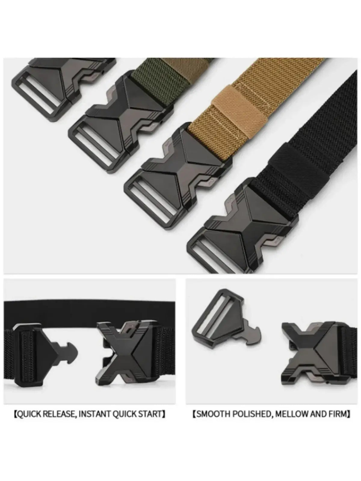 Black tactical nylon belt for men with breathable webbing and matte-finished x-shaped quick-release buckle