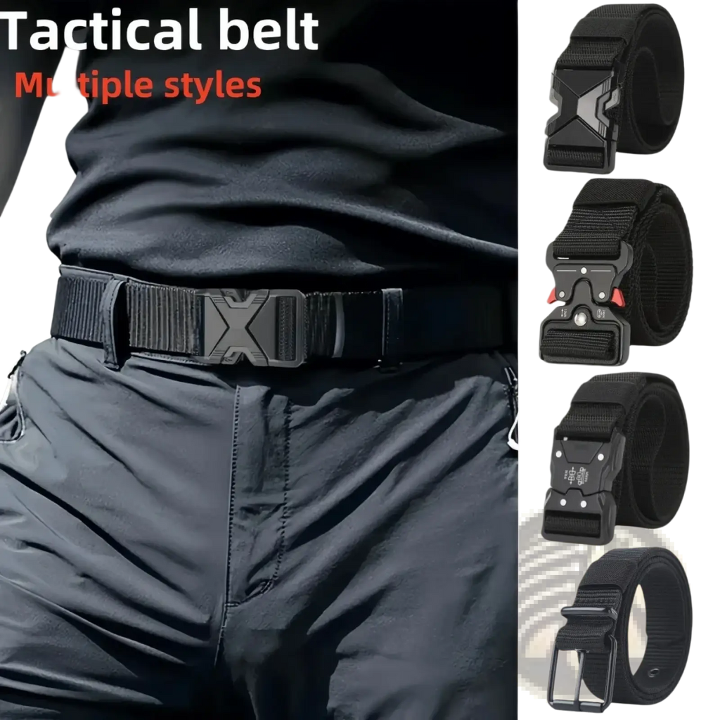 Black tactical nylon belt for men with rugged x-shaped buckle and breathable reinforced webbing strap