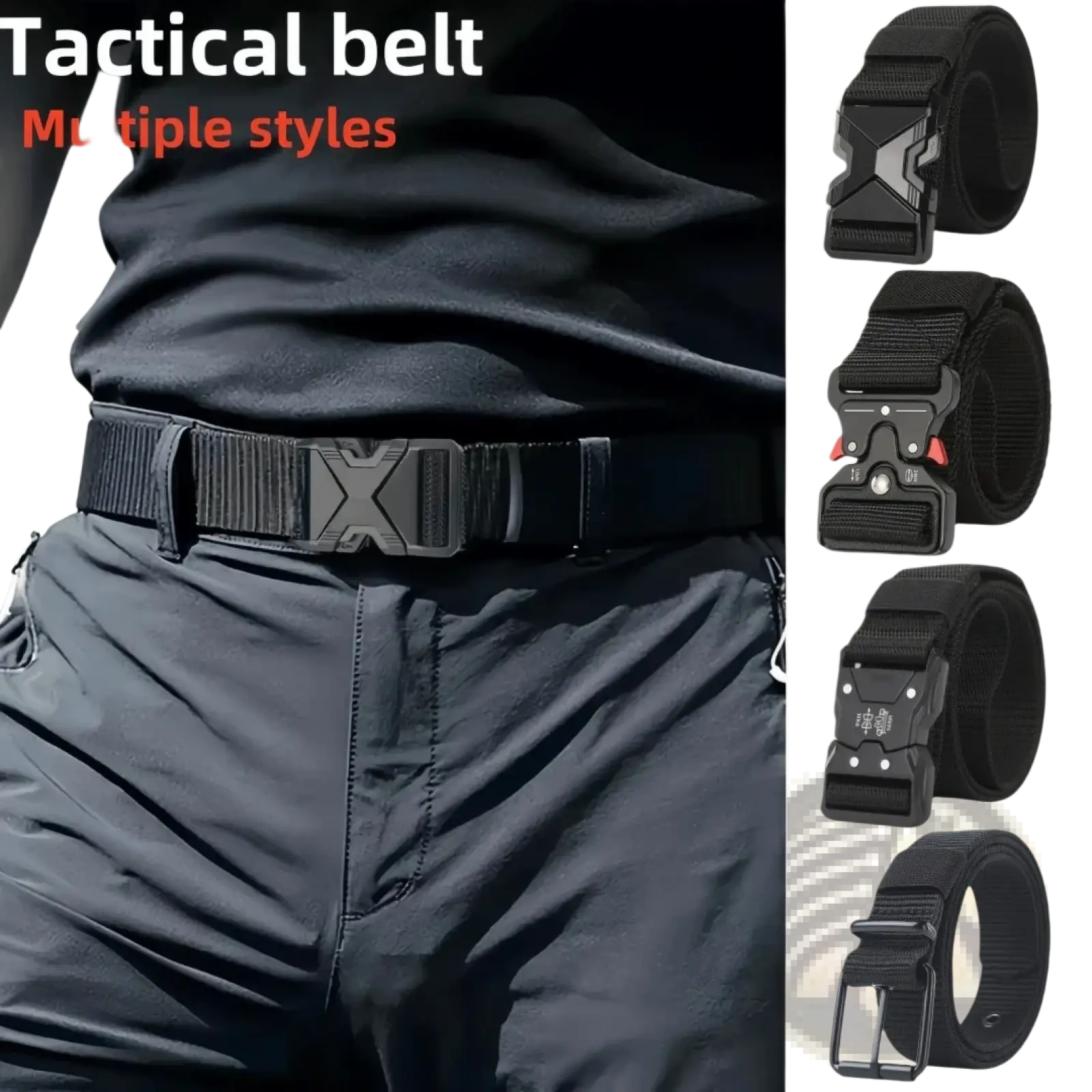 Black tactical nylon belt for men with rugged x-shaped buckle and breathable reinforced webbing strap