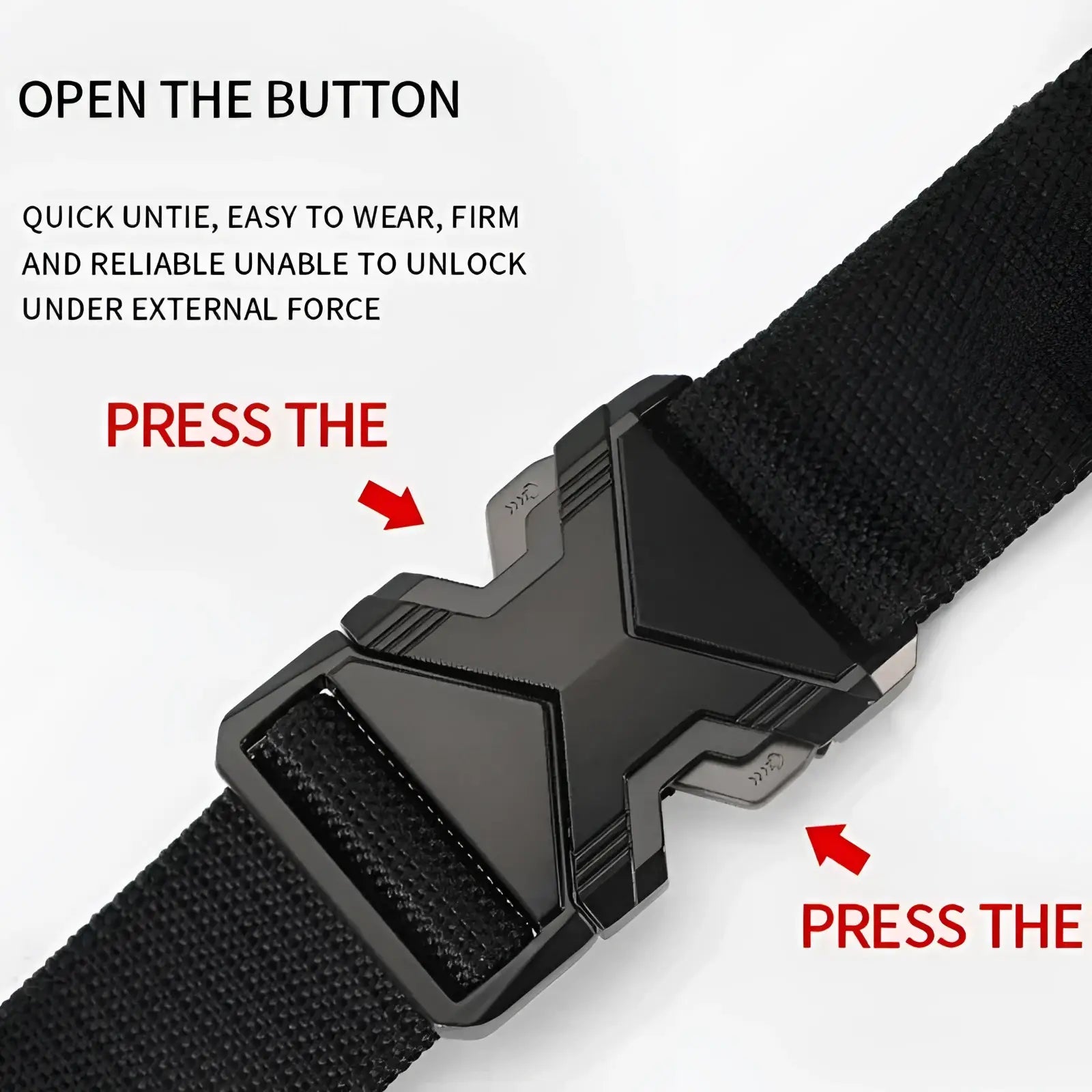 Black tactical nylon belt buckle with matte finish and angular geometric design for breathable webbing use