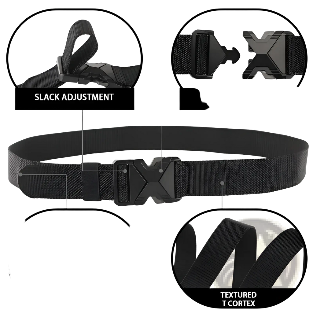 Black tactical nylon belt for men with breathable textured t-cortex fabric and magnetic quick-release x-shaped buckle