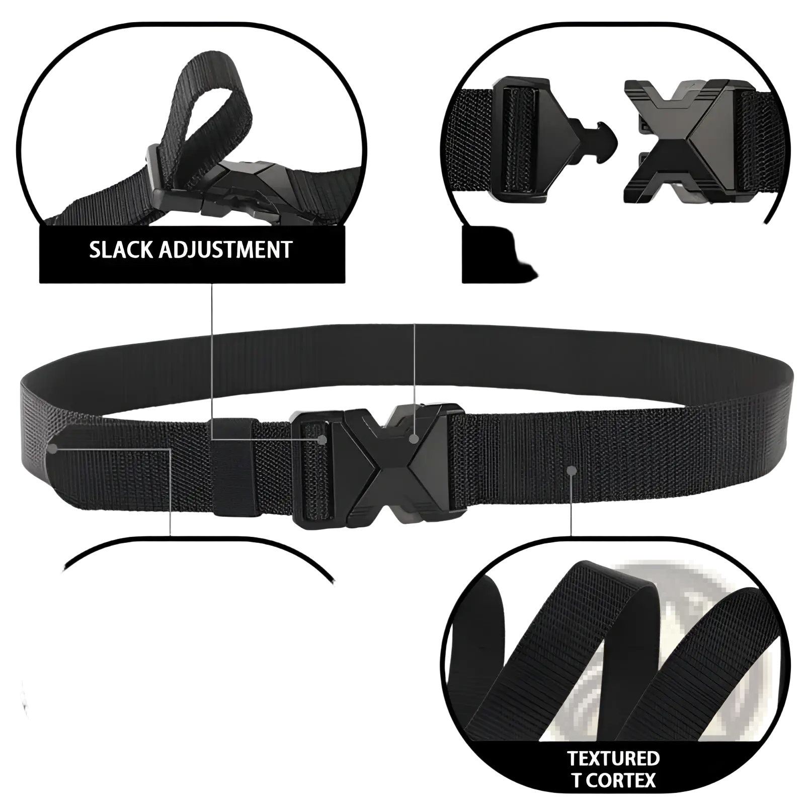 Black tactical nylon belt for men with breathable textured t-cortex fabric and magnetic quick-release x-shaped buckle