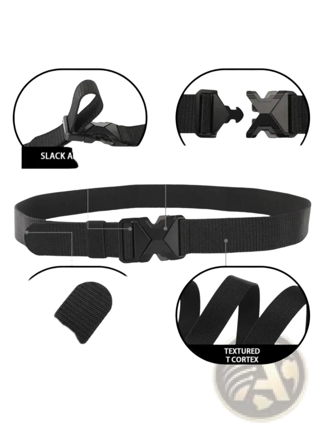 Black tactical nylon belt for men with textured t-cortex fabric and magnetic quick-release buckle for breathability and durability