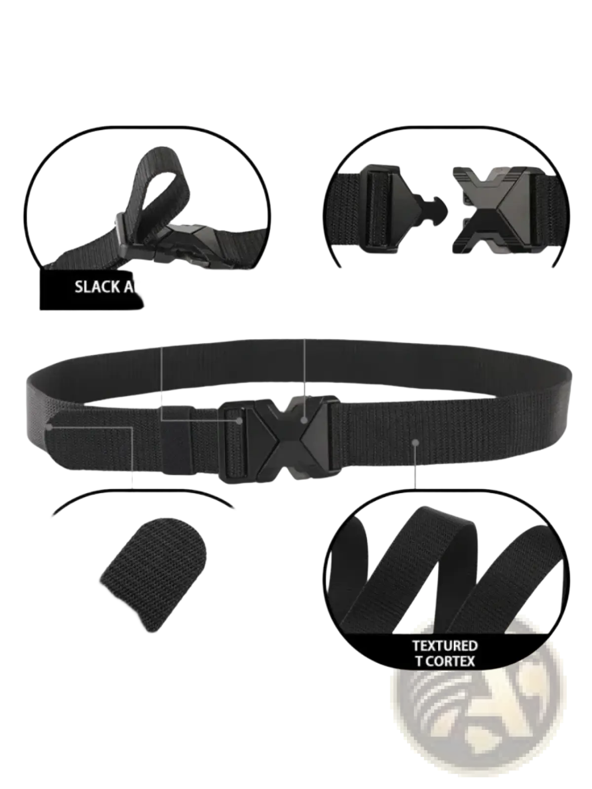 Black tactical nylon belt for men with textured t-cortex fabric and magnetic quick-release buckle for breathability and durability