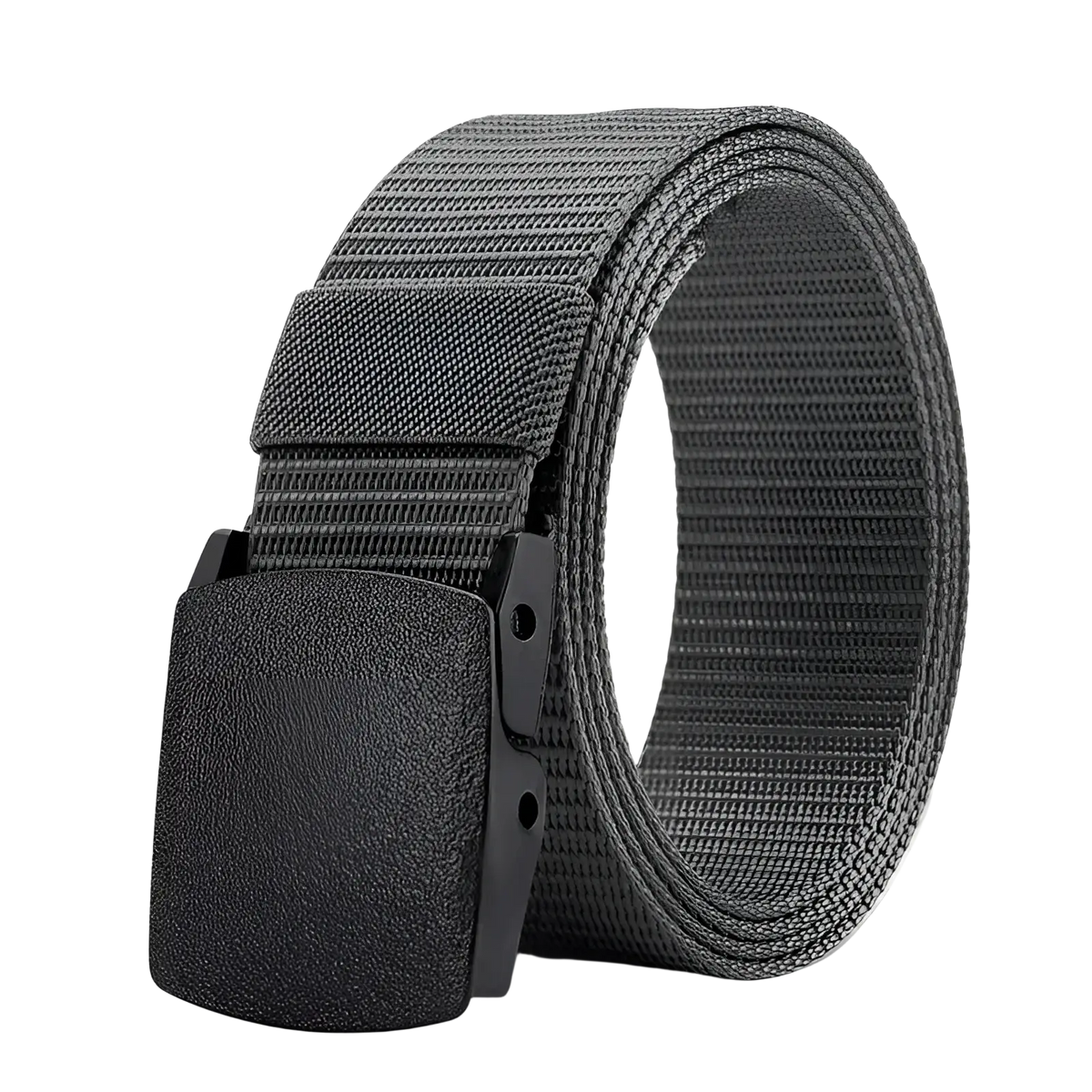 Dark gray tactical nylon belt for men with breathable webbing and a matte black textured rectangular buckle