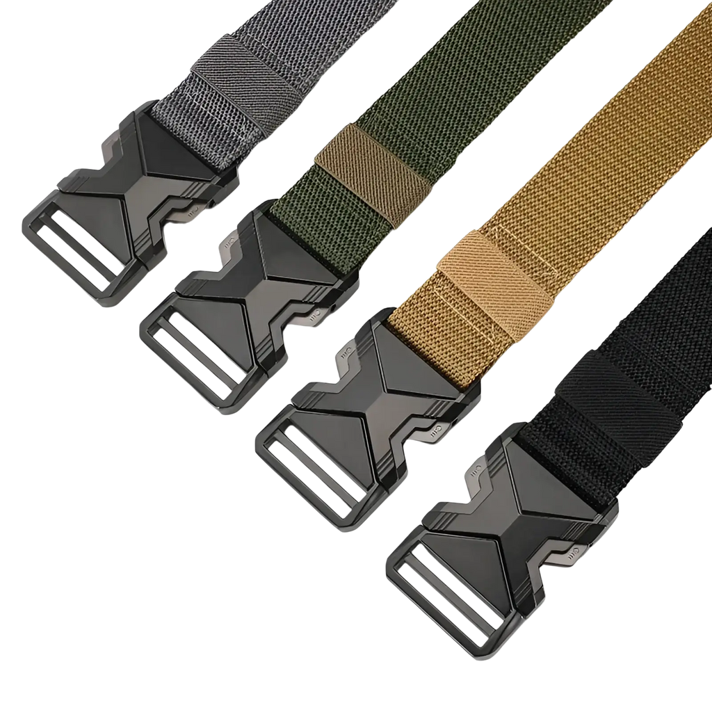 Tactical nylon belts for men in gray olive green tan and black with breathable webbing and matte black x-shaped buckles