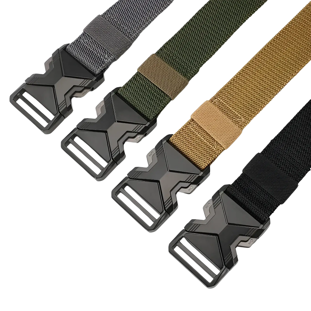 Tactical nylon belts for men in gray olive green tan and black with breathable webbing and matte black x-shaped buckles