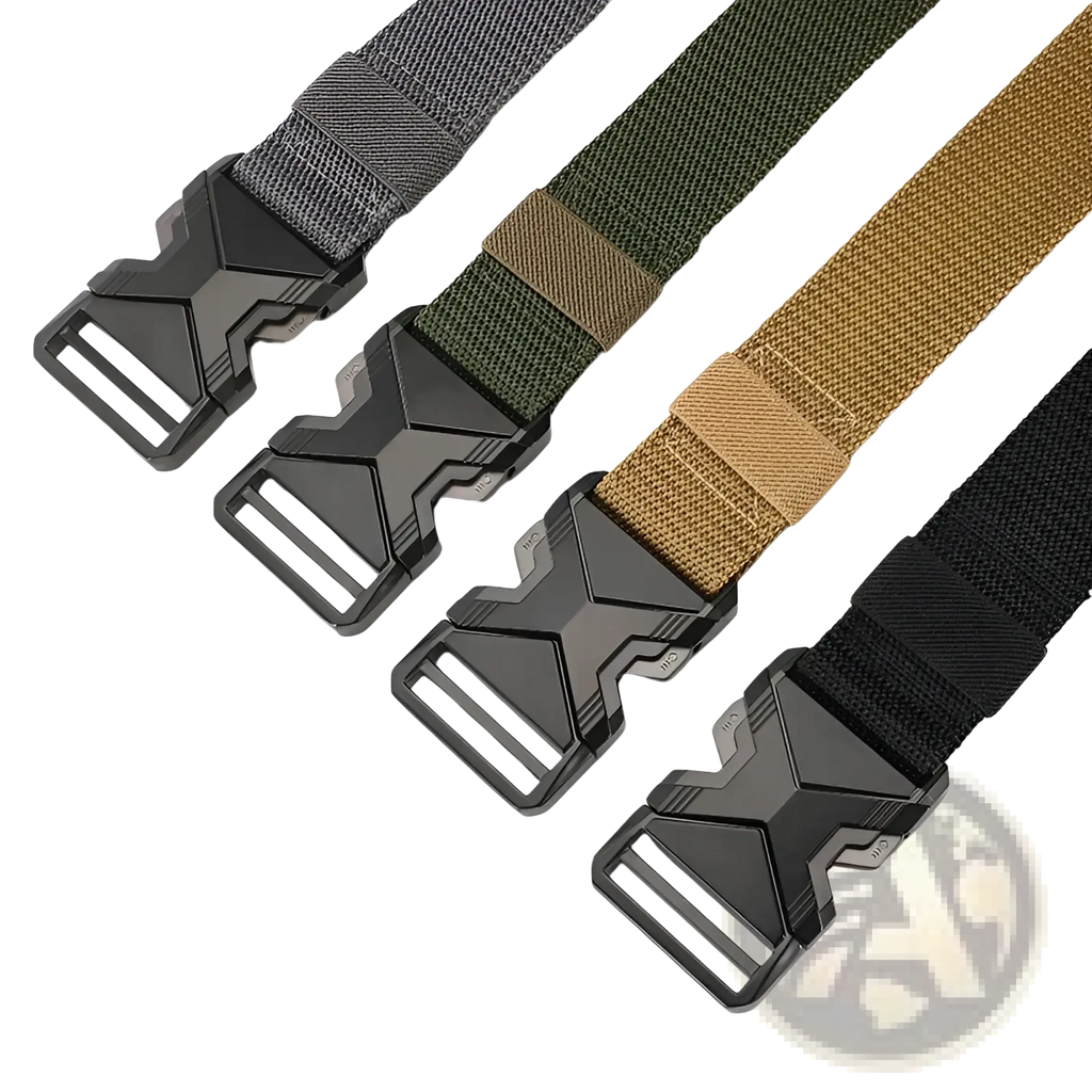 Tactical nylon belts for men in gray olive green tan and black with breathable webbing and matte black x-shaped buckles