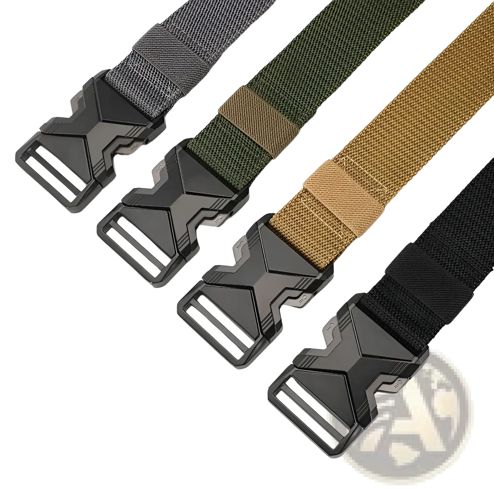 Tactical nylon belts for men in gray olive green tan and black with breathable webbing and matte black x-shaped buckles