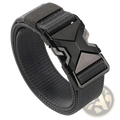 Black tactical nylon belt for men with breathable webbing and a matte-finish geometric x-shaped buckle