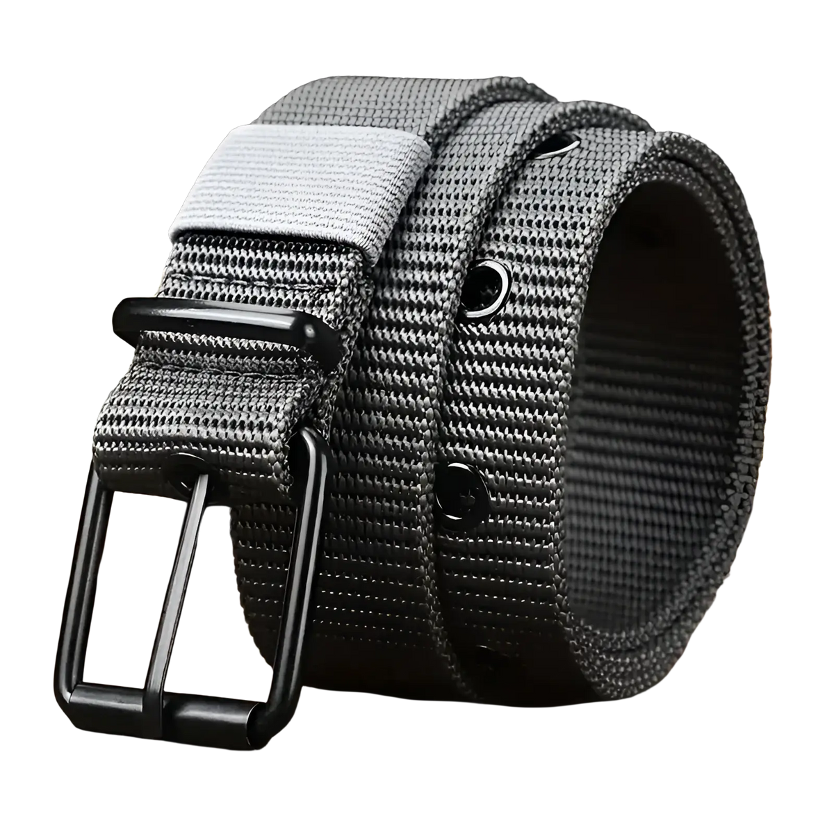 Gray woven canvas tactical nylon belt for men with a black metal buckle and silver-toned adjustment strap
