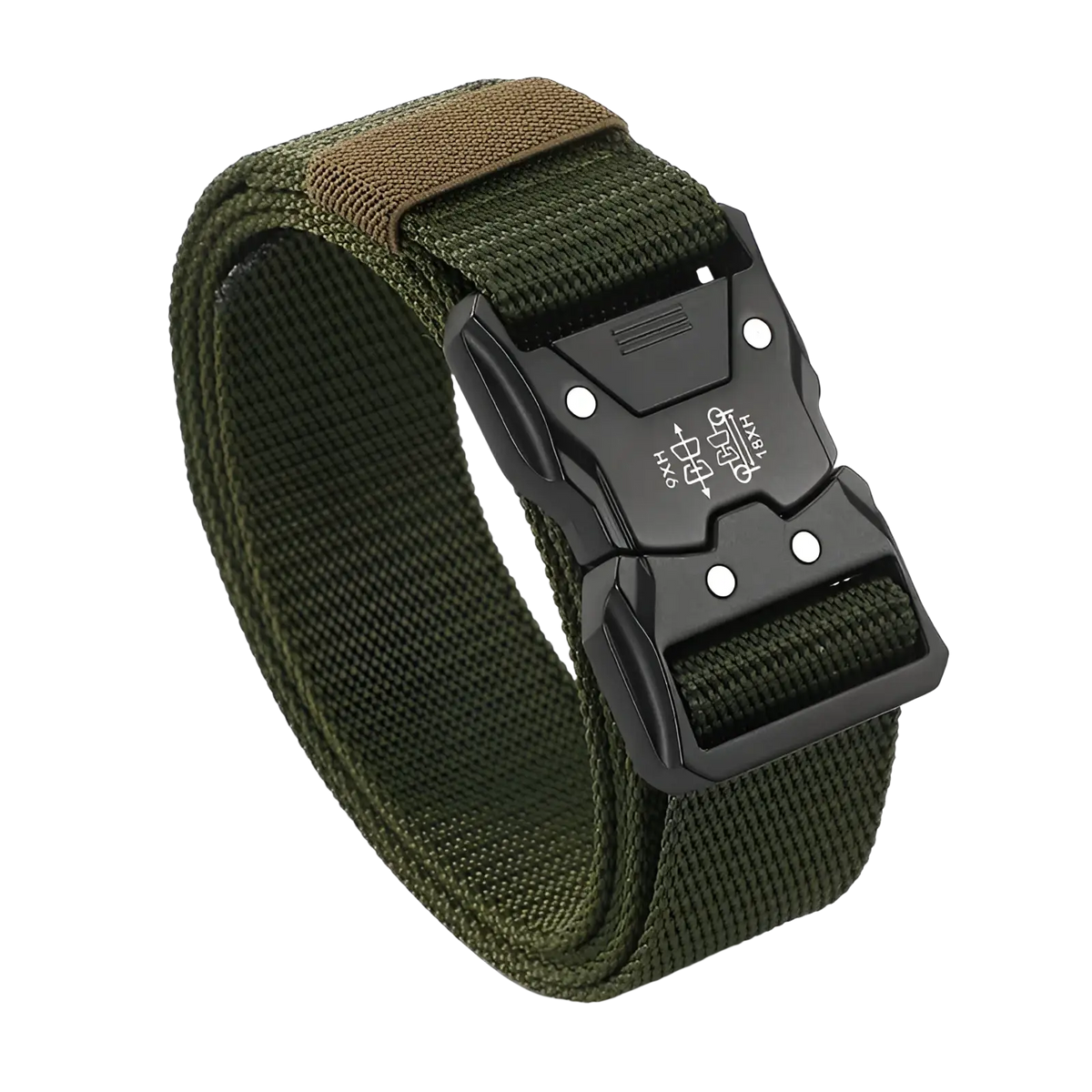 Tactical nylon belt for men in olive green with breathable webbing and black plastic buckle with silver rivets