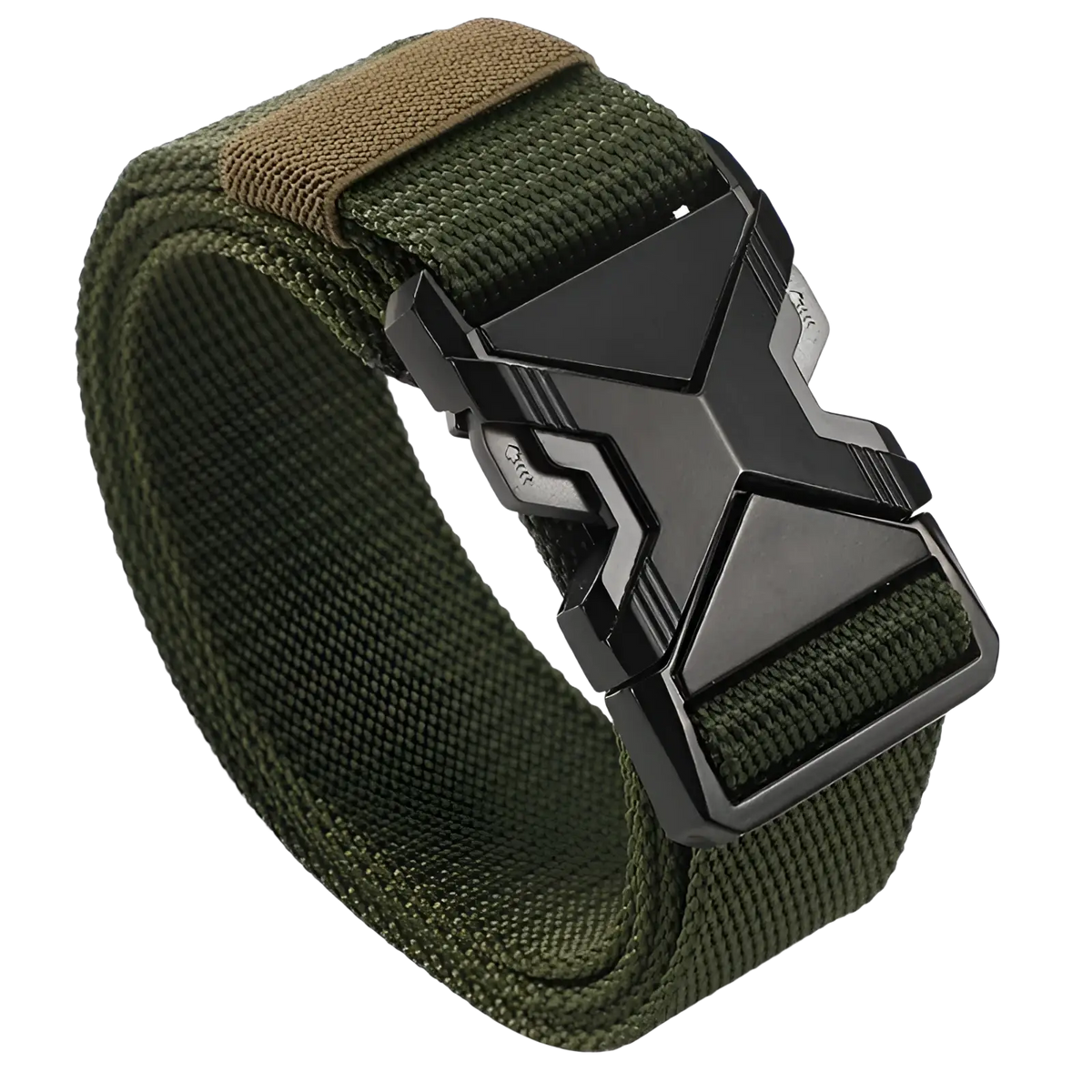 Olive green tactical nylon belt for men with breathable webbing and black silver x-shaped buckle