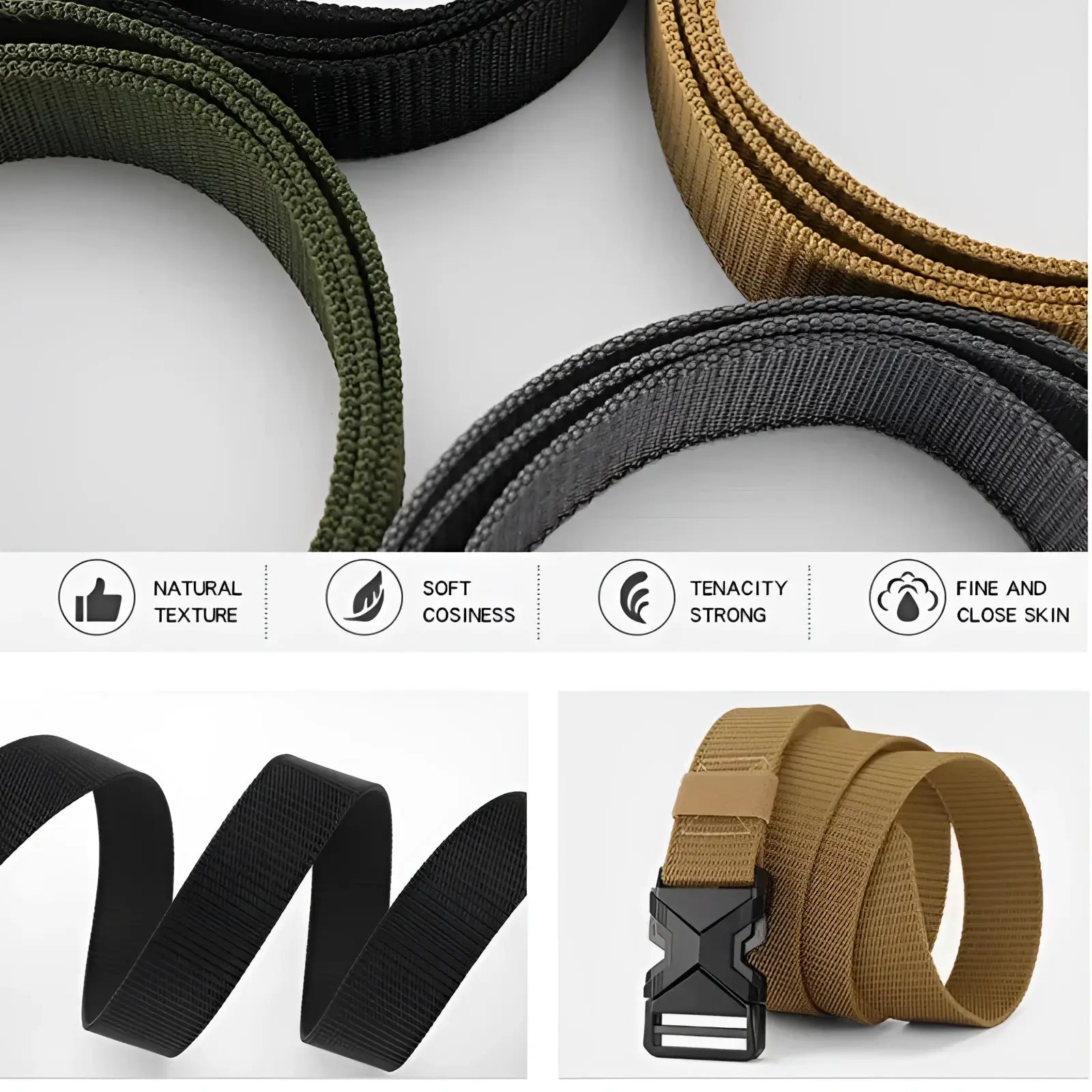 Tan tactical nylon belt for men with breathable webbing and black plastic buckle displayed from front side