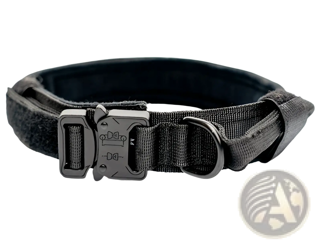 Black tactical nylon dog collar with heavy duty reinforced stitching and matte finish metal buckle for pet use