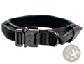 Black tactical nylon dog collar with heavy duty reinforced stitching and matte finish metal buckle for pet use