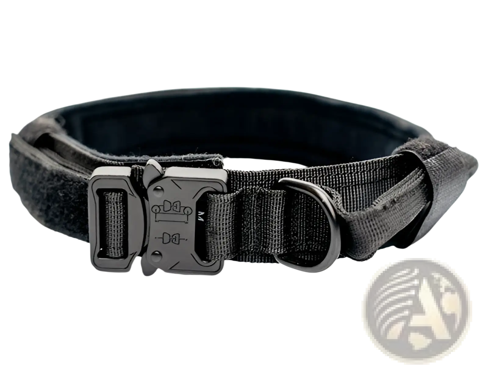 Black tactical nylon dog collar with heavy duty reinforced stitching and matte finish metal buckle for pet use