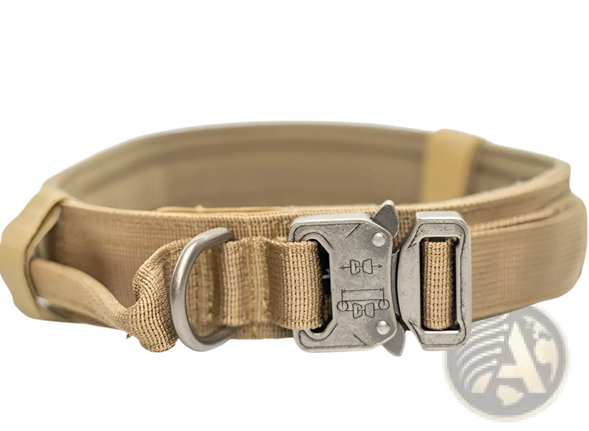 Tan tactical nylon dog collar with heavy duty silver metal buckle and d ring for durable pet use