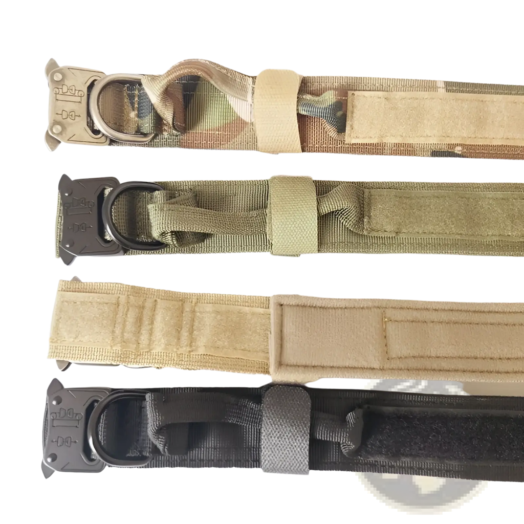 Four tactical nylon dog collars in camouflage olive green tan and black with heavy duty metal buckles for pets