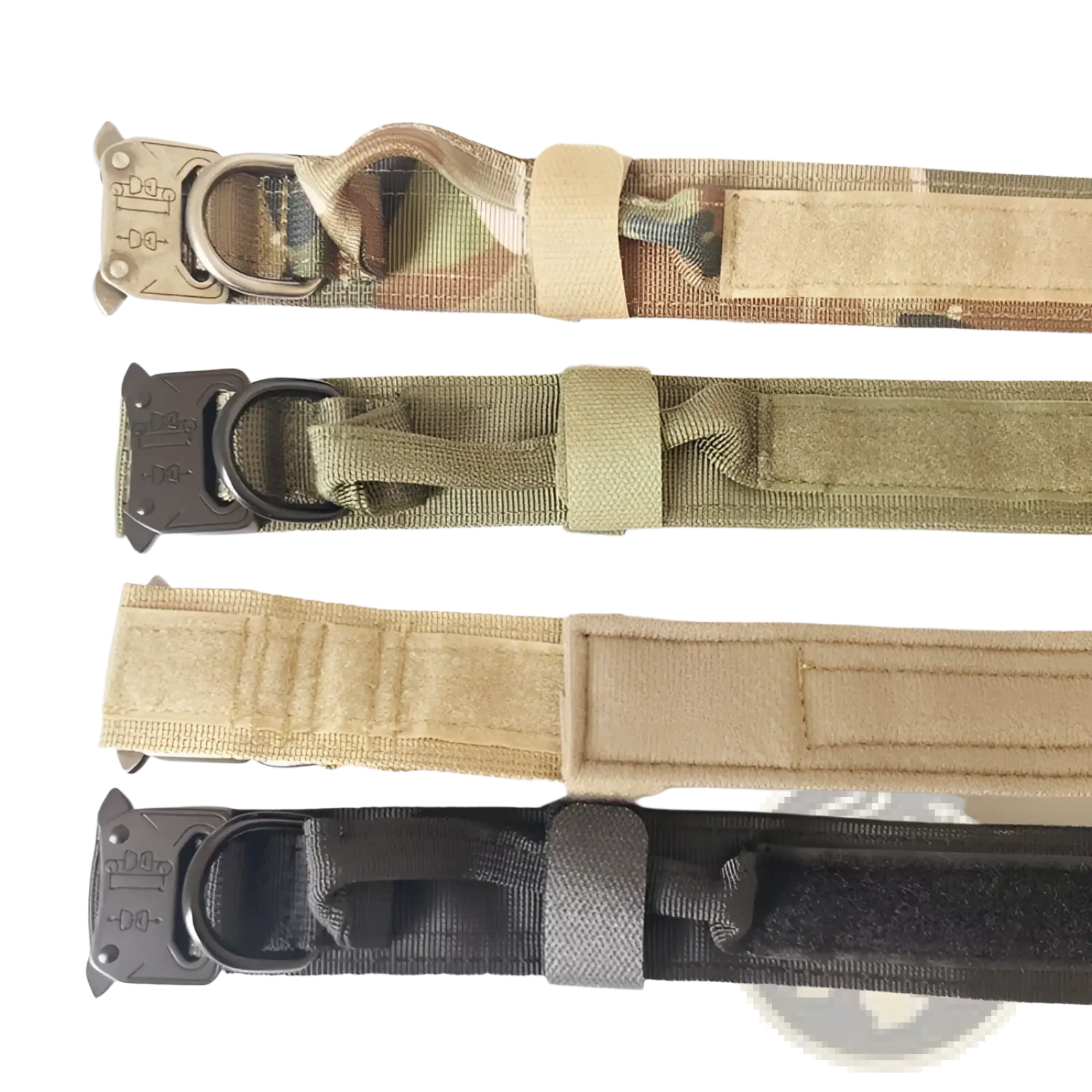 Four tactical nylon dog collars in camouflage olive green tan and black with heavy duty metal buckles for pets